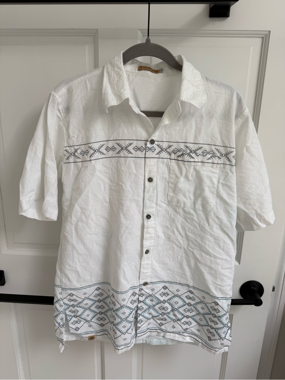 Men's White Short-Sleeve Button-Down Shirt with Blue Geometric Trim